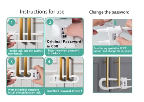 FIGEPO 6 Pack Child Proof U-Shaped Code Sliding Cabinet Door Locks Adjustable Baby Safety Plastic Cupboard Cabinet Latches Set for Knob Handle Drawers Closet Black 6