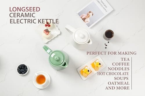 LONGSEED Ceramic Electric Kettle, 1.5L/1200W Boil Water Quickly and Easily with Boil-Dry Protection Auto Shut Off, Detachable Swivel Base, White Relief Carving 9