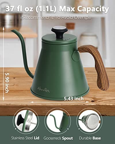 Harriet Gooseneck Kettle with Thermometer for Pour Over Coffee and Tea, 37 fl oz, Stainless Steel, Durable 3-Layer Base, Ideal Spout for Precision Pouring, Compatible with all Stove Tops, Green 5