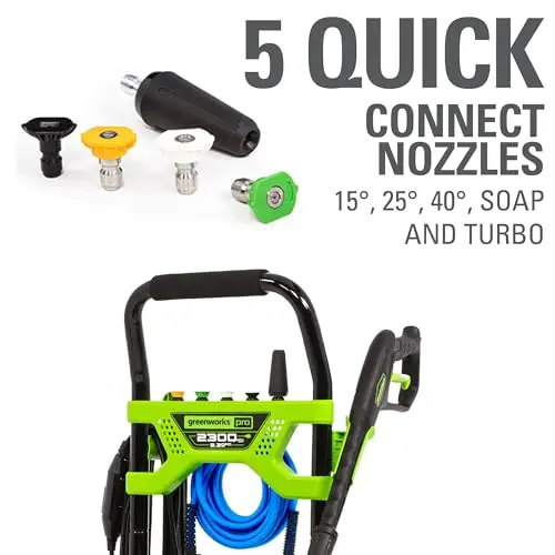 Greenworks 2300 PSI TruBrushless (2.3 GPM) Electric Pressure Washer, 25’ Hose, Quick Connect Wand, 15, 24, 40 Degree Soap and Turbo Nozzle 8