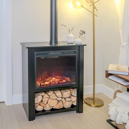 e-Flame USA Innsbruck Electric LED Fireplace Stove, Décor Chimney Flue and Wood, 32" Wide x 38" Tall, Soot Black Finish, New 2024 8