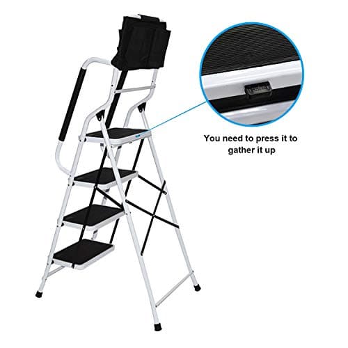 Wiberwi 4 Step Ladder with Handrails 500 lb Capacity Step Stool Folding Portable Ladders for Home Kitchen Steel Frame with Non-Slip Wide Pedal Stepladder with Attachable Tool Bag White 7