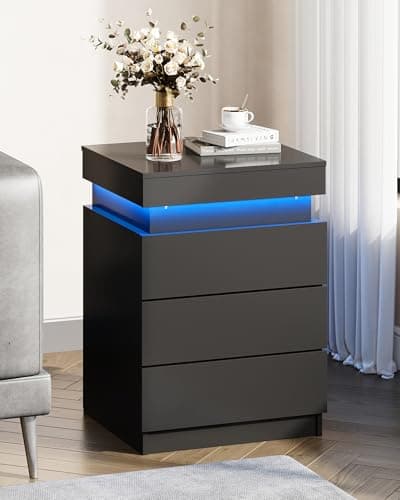 WLIVE Black Nightstand with Charging Station & LED Lights, Modern Night Stand with 3 Drawers and Sliding Top, Bedside Table End Table with Hidden Space for Bedroom, Living Room, Black 9