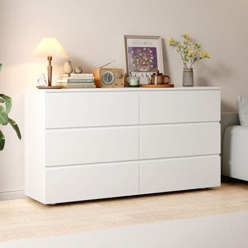 FAMAPY Chest of Drawers White Dresser No Handles, 6 Drawer Chest with Wide Storage, Modern Contemporary 6-Drawer Chest, White Dresser for Bedroom (59”W x 15.7”D x 32.3”H)