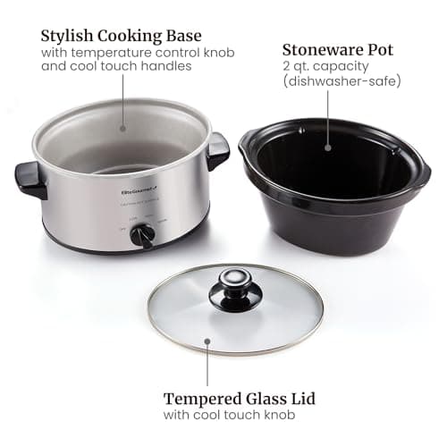 Elite Gourmet MST-275XS Electric Oval Slow Cooker, Adjustable Temp, Entrees, Sauces, Stews & Dips, Dishwasher Safe Glass Lid & Crock (2 Quart, Stainless Steel) 7