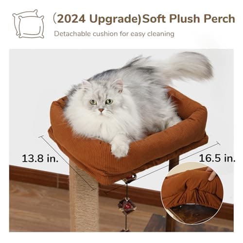 FUKUMARU Cat Scratching Post, Modern Style Cat Tree with Unique Square Post, Wooden Cat Tower with silvervine Balls, Retro Cat Condo Scratcher for Indoor Cats（Solid Wood） 5