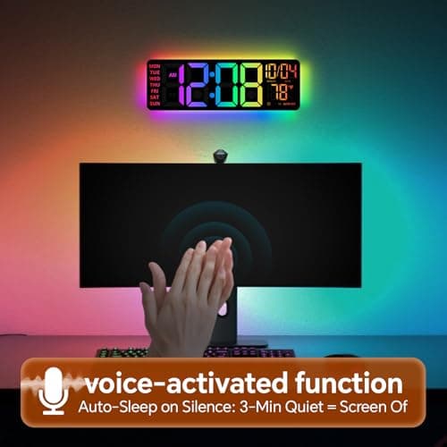 16" Digital Wall Clock with Night Light, Digital Clock with RGB Colors Changing Remote Control, Dual Alarm, Dimmer, Auto DST, Voice Control, Auto Time Sync, Clocks for Living Room, Gift for Elderly 6