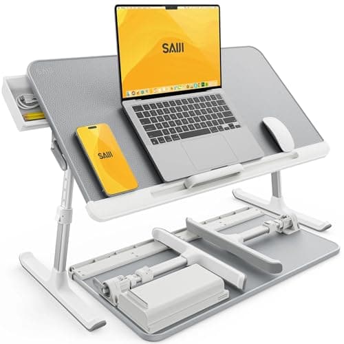 SAIJI Laptop Bed Tray Table, Adjustable PVC Leather Laptop Bed Table, Portable Standing Desk with Storage Drawer, Foldable Lap Tablet Table for Sofa Couch Floor (Gray)