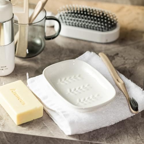 Miamolo Soap Dish Soap Holder Shower, Ceramic Soap Dishes for Bar Soap Sponge, Shower Soap Dish Soap Saver Tray for Bathroom Kitchen Sink, Easy to Clean, White 8