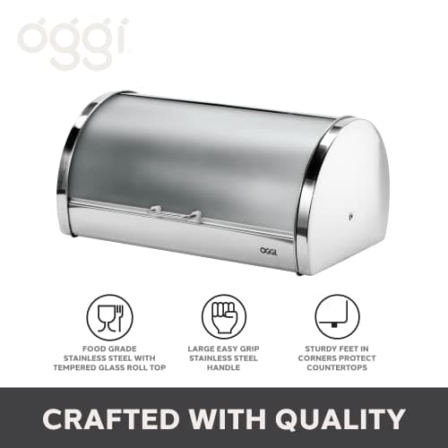 Oggi Stainless Steel Roll Top Bread Box for Kitchen Countertop with Frosted Plexilass Lid - Fits Multiple Loaves of Bread and Other Freshly Baked Goods Including Cookies, Bagels, Muffins 5