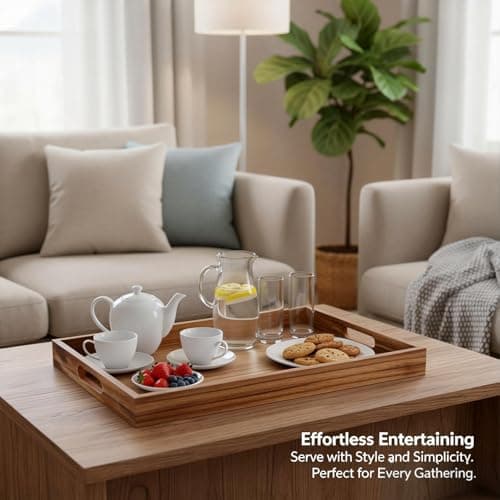 Krismax Wooden Serving Tray with Handles, Rustic Brown Rectangular Serving Platter 15.7x11.4 Inch for Coffee Table, Decorative Storage Tray 7