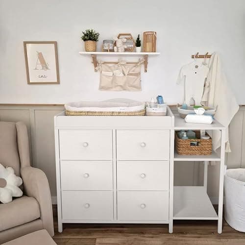 BOLUO Baby Dresser with Changing Table Top, White Changing Table Dresser with 6 Fabric Drawers Diaper Changing Station with Storage Shelf for Nursery Modern 7