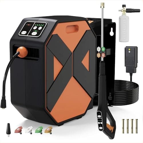 Wall Mounted Pressure Washer, 5000MAX-PSI Wall Mounted Power Washer with 100 FT Retractable Hose, Remote Control, Foam Cannon, 5 Connect Nozzles for Garage/Patio/Home Cleaning, Orange