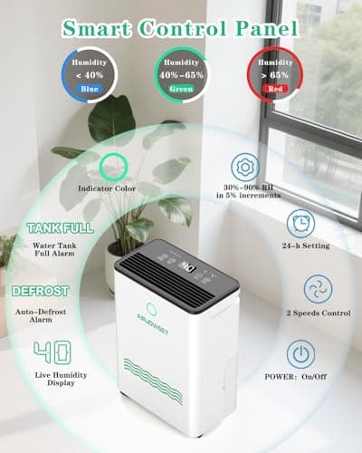 AIRJOWSET Dehumidifiers 50 Pints 4500 Sq.Ft, Basement Dehumidifier 0.66 Gallon Water Tank with Drain Hose and 24H Timer Adjustable Humidity, Dehumidifier for Home Basement Bedroom Bathroom 7