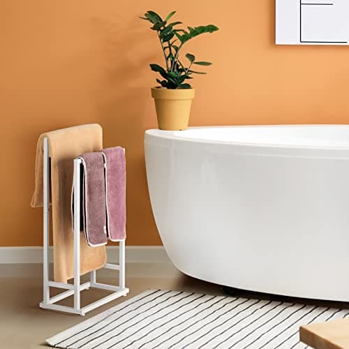 Freestanding Towel Racks for Bathroom 2 Tier Hand Towel Drying Rack Metal Blanket Towel Holder Stand for Bedroom Indoor Outdoor Pool Small Blanket Rack (Matte White) 5