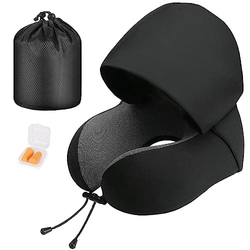 Cirorld Neck Pillow for Travel, Memory Foam Travel Pillow with Hood, Adult Airplane Pillow for Head Rest Neck Support, Portable Pillow for Office Cars Trains Long Flights Sleeping (Black)