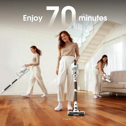 Cordless Vacuum Cleaner, 600W 50KPA 70Mins Runtime Fast Charging Vacuum Cleaner, Self-Standing LED Light Touch Screen Stick Vacuum for Home Light Weight,for Pet Hair/Carpet/Floor, White 8