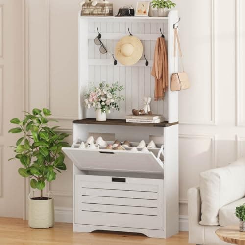 FATORRI Shoe Cabinet Storage for Entryway, Sturdy Freestanding Tall Shoe Storage with Flip Drawers, Tall Shoes Rack with Coat Rack (69.53 Inch, Walnut Brown+White Oak)