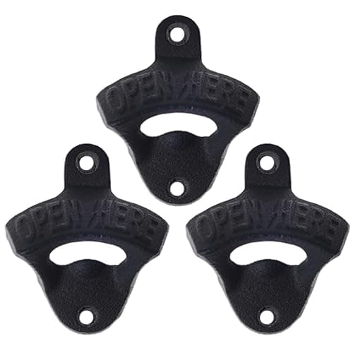 Luwanburg Black Cast Iron Bottle Opener Wall Mounted Beer Cap Opener Cooler Mounted (Pack of 3)