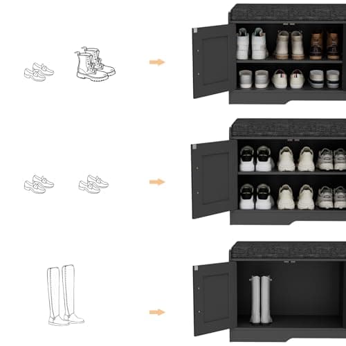 Homleke 2-Tier Storage Bench, Shoe Bench with Thickened Padded Seat Cushion, Entryway Bench with 4 Doors, Adjustable Shelf, 13.8" D x 45.3" W x 18.5" H, for Entryway, Living Room, Bedroom, Black 7