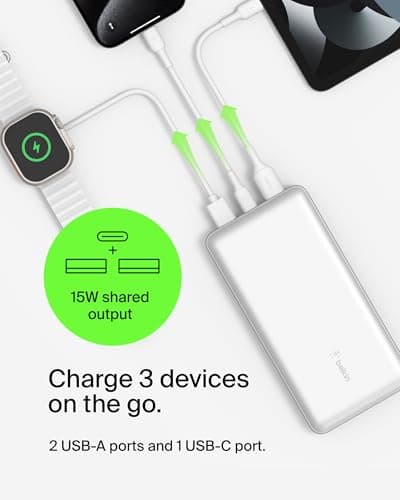 Belkin Portable Charger, USB C Power Bank 20000 mAh w/ 1xUSB-C Port & 2xUSB-A Ports, 15W w/Type-C to Type-A Cable - iPhone 17, Samsung Galaxy S25, Nintendo Switch 2, Google Pixel 10, etc. - White 5