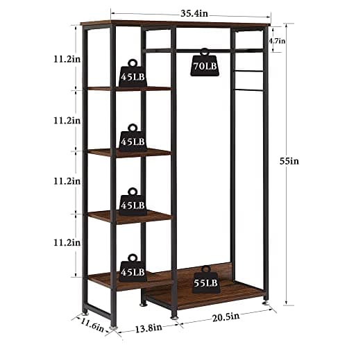 VECELO Open Garment Clothing Rack, Free-Standing Heavy Duty Storage Closet with 5 Shelves and Hanging Rod for Small Spaces, Max Load 350LBS, Brown 6