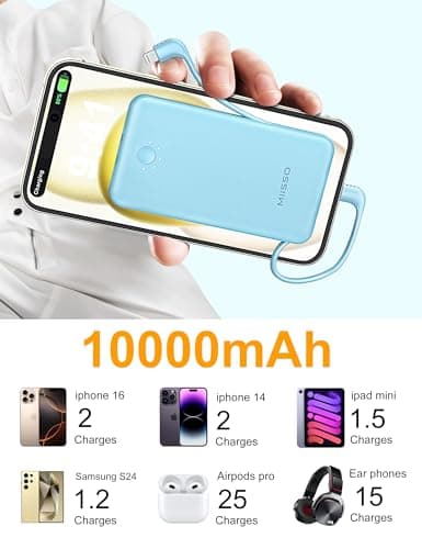 miisso Ultra Slim 10000mAh Power Bank Built-in Cables and Foldable AC Wall Plug, Pocket Size USB C Portable Charger, External Battery Pack Compatible with iPhone Samsung, Blue 5