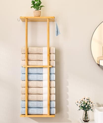 Cozivolife Bamboo Towel Rack for Bathroom with 2 Hooks, 32.7 inch with Shelf Wall Mounted Bathrobe Storage Organizer, Large Capacity Holder for Bathe- and Hand Towels (Natural) 8