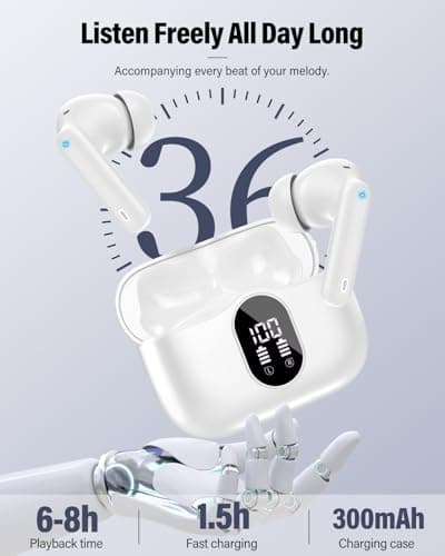 Wireless Earbuds, Bluetooth 5.4 Headphones Bass Stereo, Ear Buds with Noise Cancelling Mic, IP7 Waterproof in Ear Earphones, 36H LED Display Bluetooth Earbuds for Laptop Pad Phones Sports, White 5