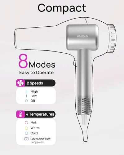 Hair Dryer, High-Speed Ionic Low Noise Blow Dryer with Brushless Motor for Fast Drying, Thermo-Control Quiet Compact Hair Blow Dryer with Magnetic Diffuser for Curly Hair for Home Travel Salon 6