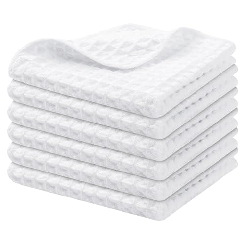 Homaxy Microfiber Waffle Weave Kitchen Dish Cloths, 12 x 12 Inch Ultra Absorbent and Solid Color Dish Towels for Kitchen Fast Drying Dishcloth for Washing Dishes, 6 Pack, White