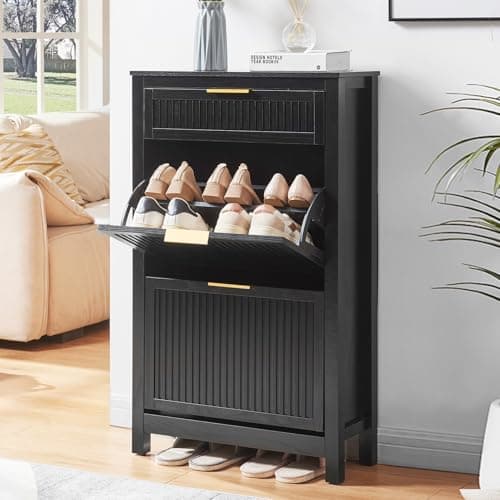 VIPLUMI 2 Flip Drawers Shoe Cabinet Storage for Entryway, Narrow Hidden Shoes Organizer for Front Door Entrance, Free Standing Shoes Cabinet Wooden Hallway Shoe Rack(Black) 5