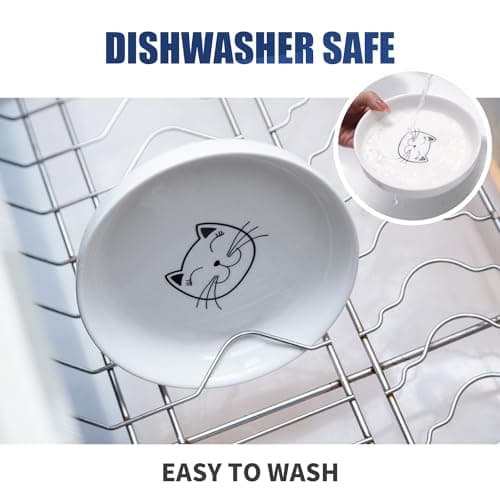 Lusifaco Shallow Elevated Cat Bowls,5.9 Inch Wide Raised Ceramic Cat Dishes with Bamboo Stand, Whisker Friendly Pet Water or Food Plates Feeding Station for Indoor Cats, Kitten(White,Set of 2) 7