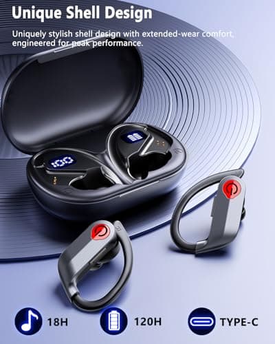 EUQQ Ear Buds Wireless Bluetooth Earbuds, Noise Cancelling Headphones 120H Playtime，IPX7 Waterproof Sports with Earhooks,LED Display Wireless Earphones for Running Gym Workout-Black 9