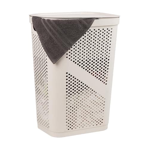 Mind Reader Slim Laundry Hamper with Lid, 60L Clothes Basket, Ventilated Plastic, Ivory