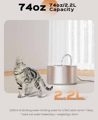 Stainless Steel Cat Water Fountain: Pet Fountains Indoor Metal Automatic Dispenser Cat Waterer Bowls Dog Faucet Bottle Pets 24/7 Running Watering for Drinking Quiet Pump with 1 Filter 6