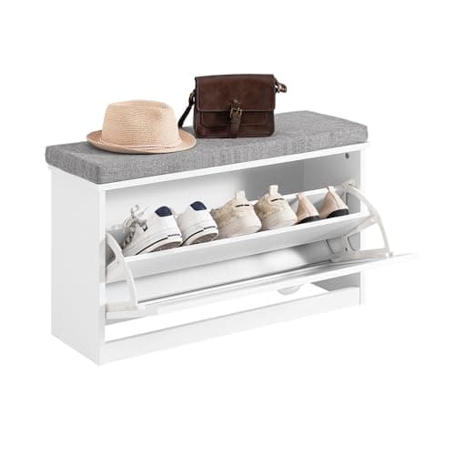 Haotian Small Shoe Cabinet Bench, Modern Shoe Storage Solution with Padded Cushion, 1 Flip Drawer for Narrow Entryway, White FSR195-W