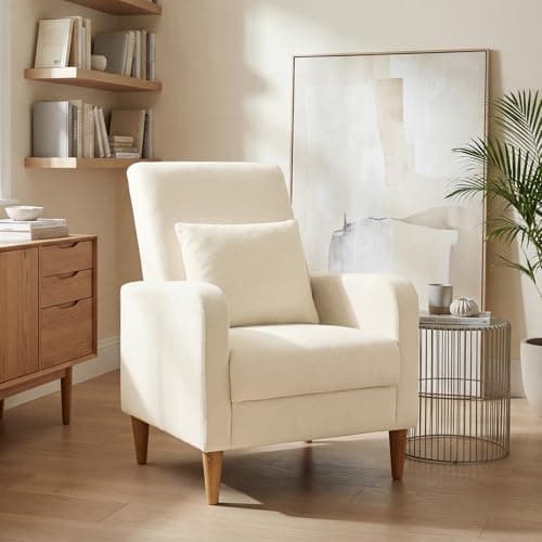 COLAMY Mid-Century Modern Upholstered Accent Chair with Back Pillow & Solid Wood Legs, Fabric Cozy Armchair for Living Room, Bedroom, Reading Nook, Apartment & Small Spaces, Beige