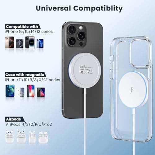 Magnetic Wireless Charger 15W 2 Pack Fast Mag Safe Charger for iPhone 17 Pro Max/17 Pro/16 Air/17/16/15/14/13/12 Series Charging Pad for AirPods Series LED Magnet Charging Pad 5