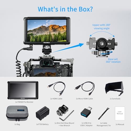 FEELWORLD FW568 PRO 6 Inch 1200nit High Bright Camera DSLR Field Monitor with F750 4400mAh Battery and Bag, Custom 3D LUT Camera Monitor 4K 60Hz HDMI in Out Waveform Monitoring Lightweight 9