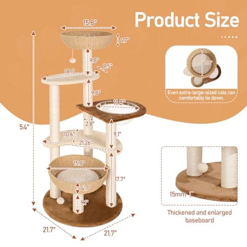 SENNAUX 54" Cat Tree Tower for Indoor Cats, Boho Modern Cat Tree for Large Cats with Natural Sisal Scratching Posts, Unique Cat Tree Hand-Made Wicker Cat Basket Cute Cat Tree for Large Cats 20 lbs 7