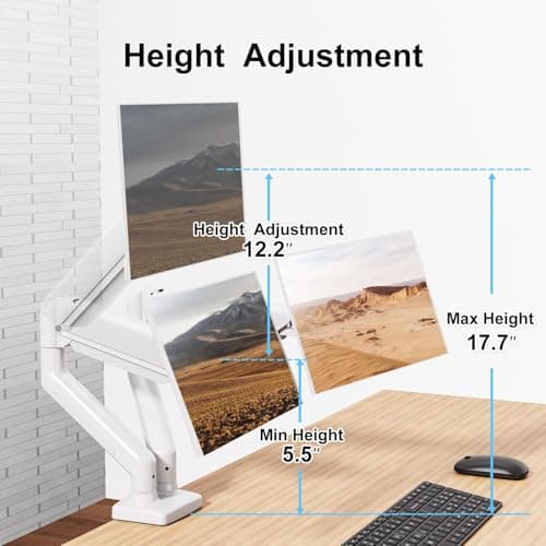 ErgoFocus Dual Monitor Mount Fits 13 to 32 Inch Computer Screen, Dual Monitor Arm Hold 4.4-19.8lbs Each, Full Motion Monitor Desk Mounts for 2 Monitors, Gas Spring Monitor Stand, VESA Mount, White 5