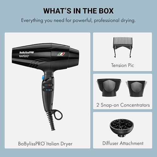 BaBylissPRO Hair Dryer, Nano Titanium Rapido 2000-Watt Blow Dryer, Hair Styling & Appliances, Black, BRAP1 8