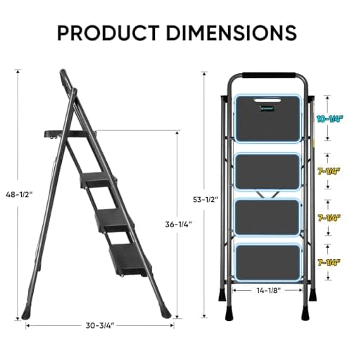 TICONN 4 Step Ladder, Heavy Duty Foldable Step Stool, Portable Steel Folding Stool for Household Garage Storage (Black) 6