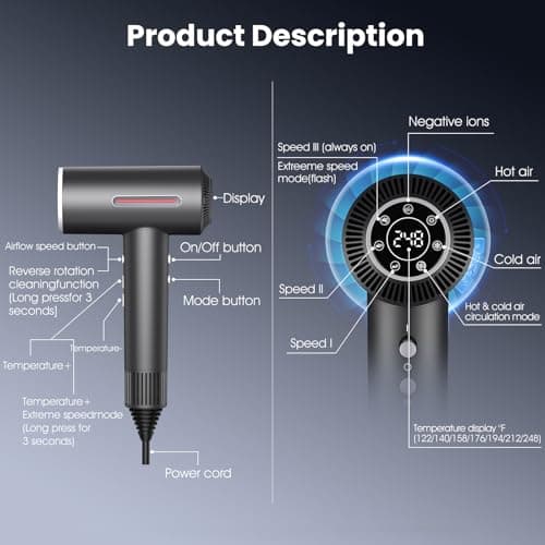 Hair Dryer, 1400W Professional Ionic High-Speed Blow Dryer for Fast Drying with Diffusers Nozzle and Styling Nozzle, Lightweight, Ultra-Quiet, Hair Dryer with 180000RPM Brushless Motor 6