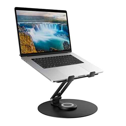 Swivel Laptop Stand for Desk, Adjustable Height Aluminum Computer Stand with 360 Rotating Base, Foldable Ergonomic Riser, Portable Laptop Holder Compatible with MacBook, All Laptops 10-17'', Black