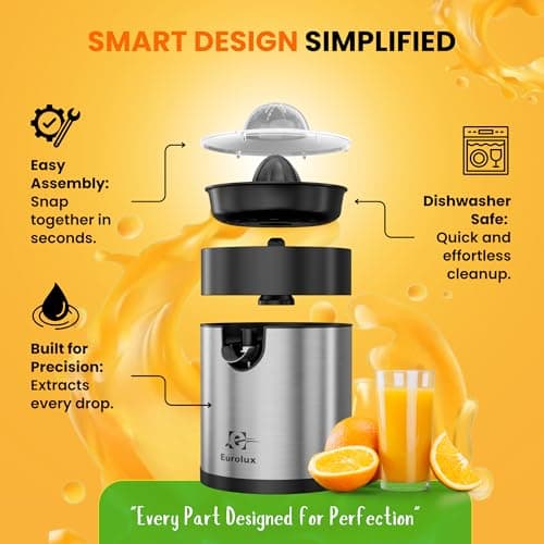 Eurolux Electric Orange Juicer, Sleek Effortless Citrus Juice Squeezer for Lemon, Lime, Grapefruit | Powerful Motor, Easy to Clean, Removable Dishwasher-Safe Parts 8