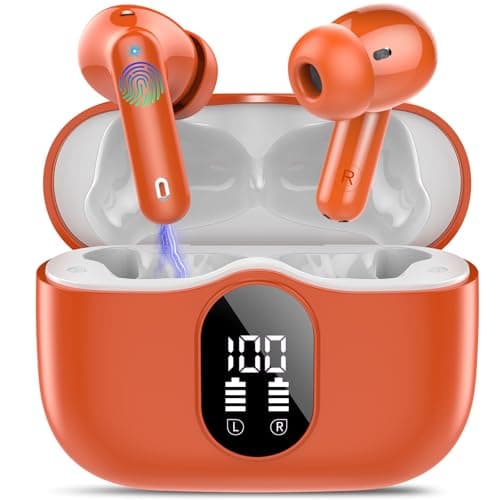 Wireless Earbuds, Bluetooth 5.4 Headphones Bass Stereo, Ear Buds with Noise Cancelling Mic, IP7 Waterproof in Ear Earphones, 36H LED Display Bluetooth Earbuds for Laptop Pad Phones, Deep Orange
