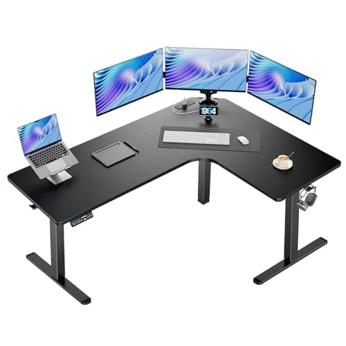 HUANUO 63″ Dual Motor L-Shaped Standing Desk, Built-in Power Outlets, Electric Height Adjustable Corner Computer Desk, Large Power Strip Holder, Sit Stand Up Desk with 3 Preset Heights, Black