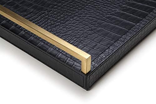 17.8X 11.8 Leather Ottoman Tray, Big Serving Tray with Brushed Gold Handles for Bars, Parties, Dinning, Decorative Tray for Modern Home Decor, Bathroom Vanity (Black) 5